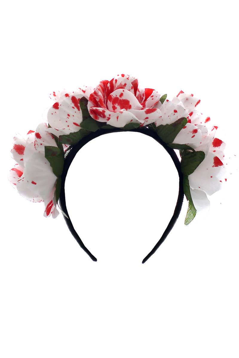 Horror White Blood Splattered Roses Headband Halloween Costume Accessory - Close Up Image