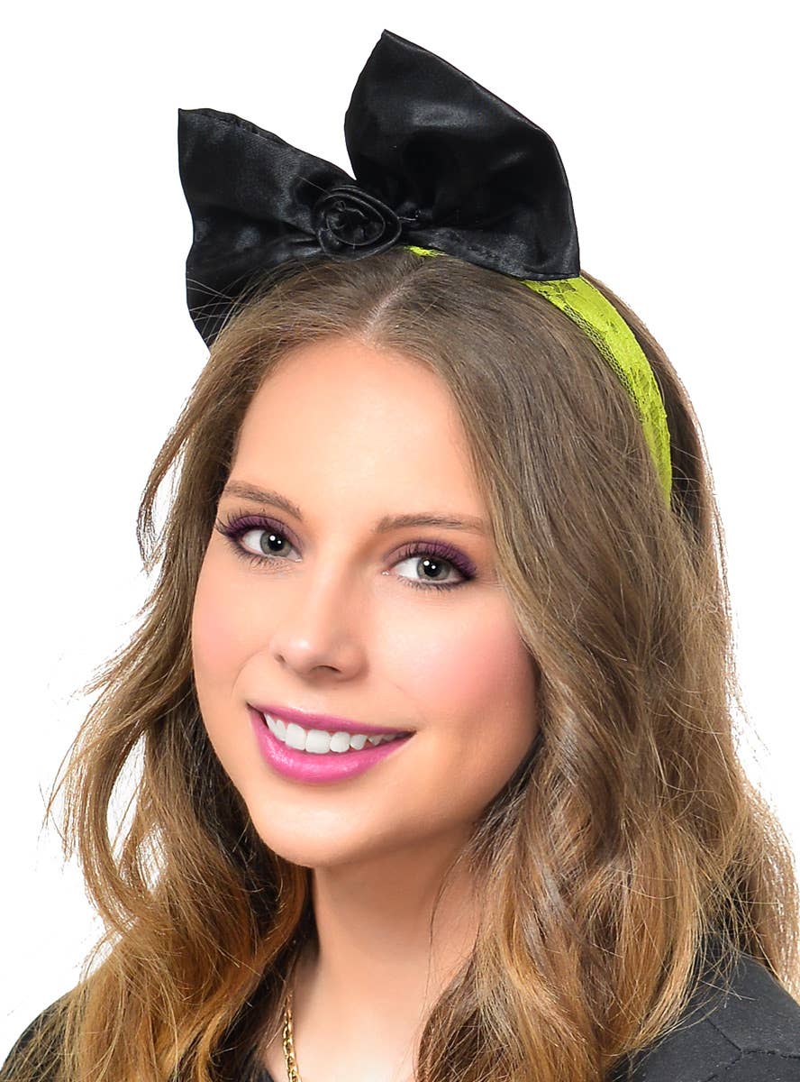 Neon Green 1980's Black Satin Bow on Lace Headband