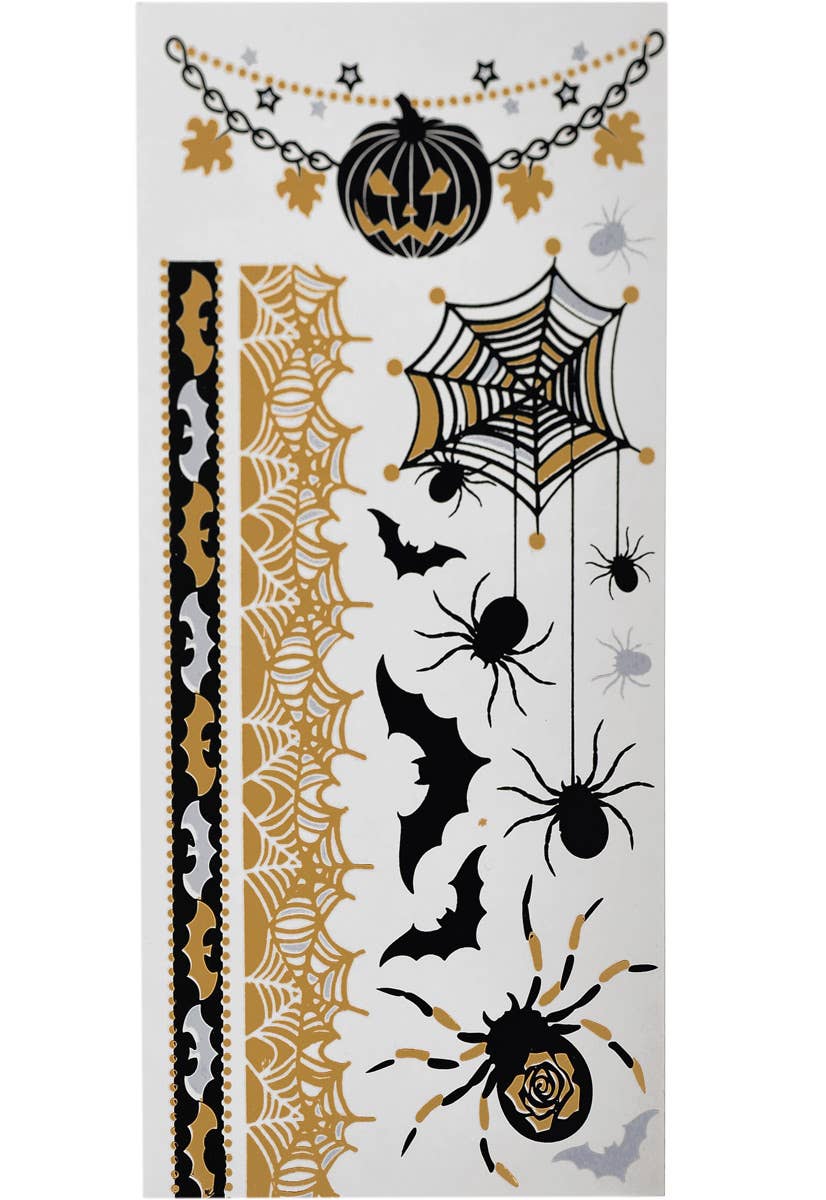 Image of Assorted Black and Gold Halloween Creatures Temporary Tattoo Sheet