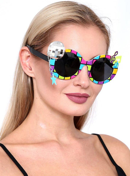 1980s Rainbow Coloured Novelty Disco Ball Costume Glasses - Main Image