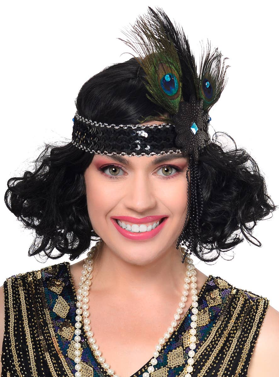 Black Sequinned 1920's Costume Headband with Peacock Feathers