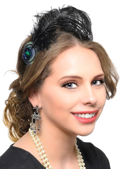 Black Plumed Feather Roaring 20s Flapper Headpiece on a Headband