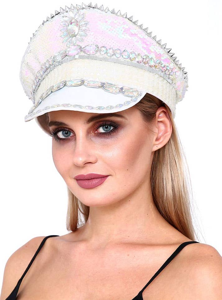 White Iridescent Sequin and Jewelled Festival Hat - Main Image