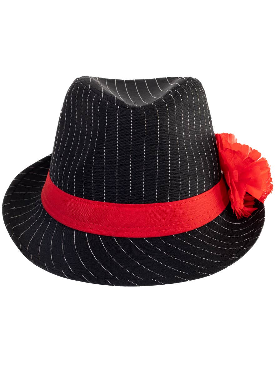 Black 1920s Fedora with White Pinstripes and Red Band - Alternate Image