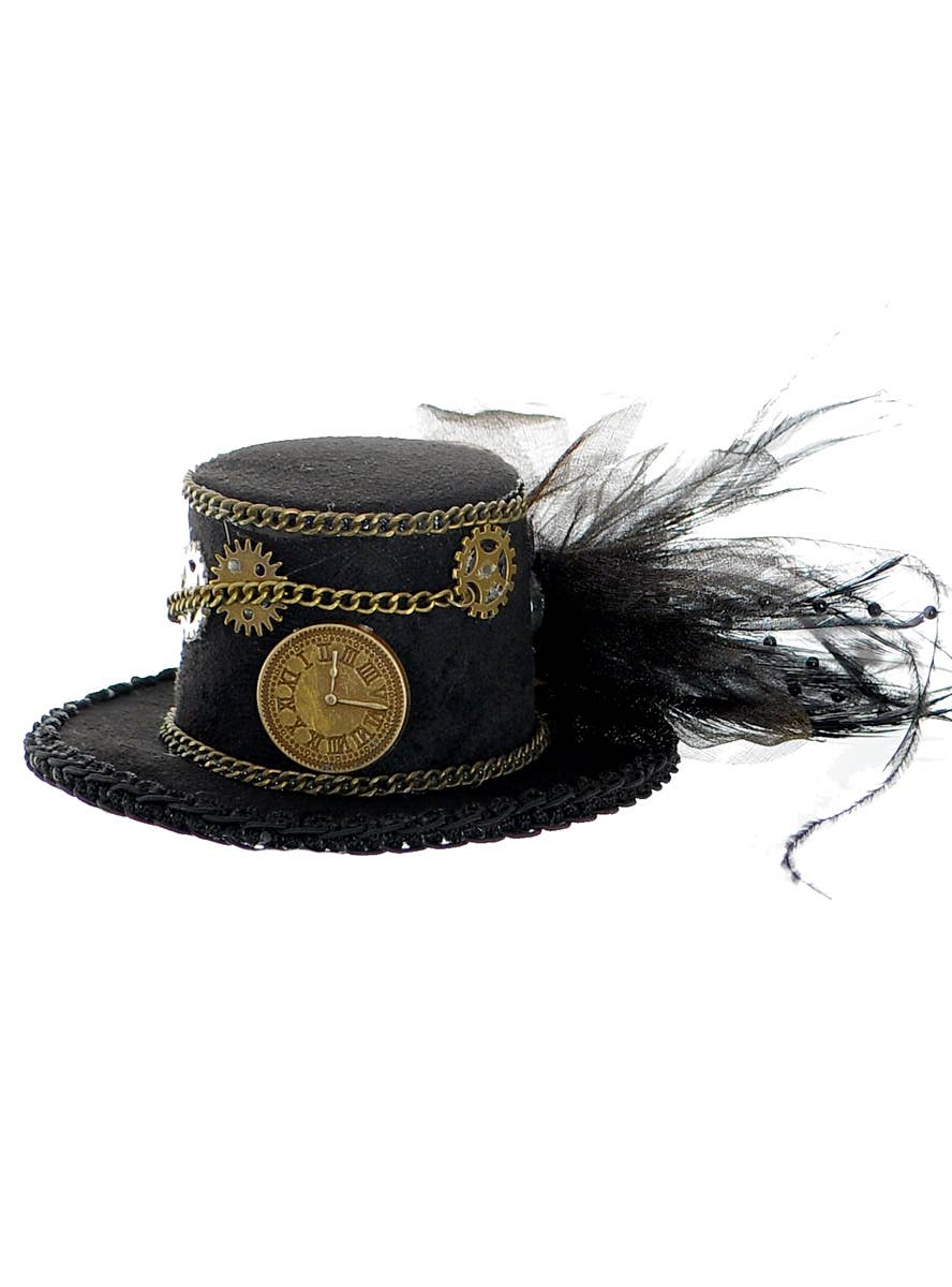 Steampunk Black Mini Costume Hat with Bronze Decoration -Side View