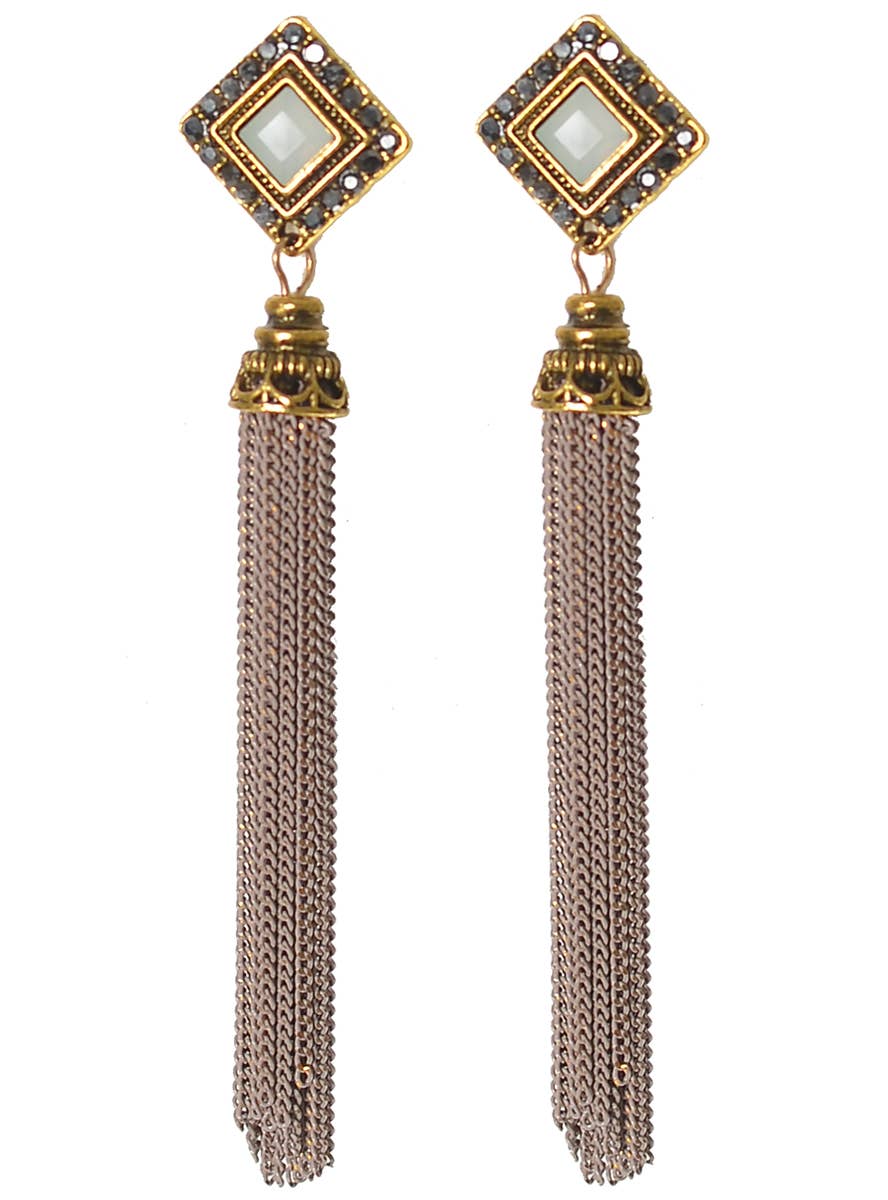 Women's 1920s Great Gatsby Costume Earrings in Vintage Antique Gold with Dangling Chains - Alternate Image