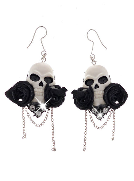 Black and White Skulls, Chains and Roses Day of the Dead Costume Earrings - Main Image