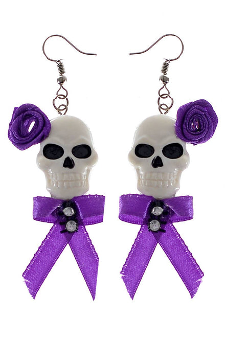 Purple and White Skull Floral Earrings