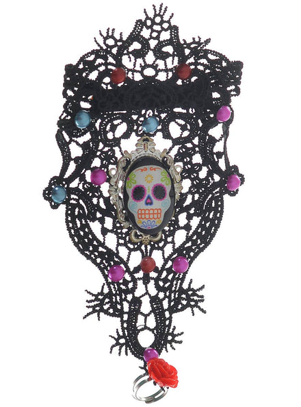 Black Lace Day of the Dead Sugar Skull Wrist Cuff