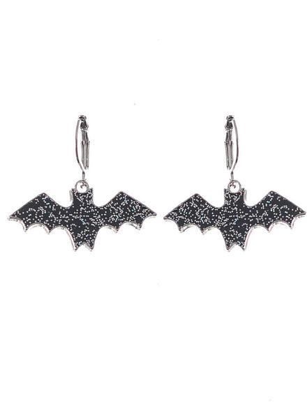 3.5cm Drop Black and Silver Glitter Bat Earrings Halloween Jewellery - Main Image