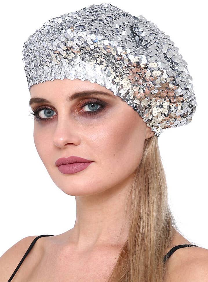 Metallic Silver Sequin Disco Beret Costume Hat - Main Image