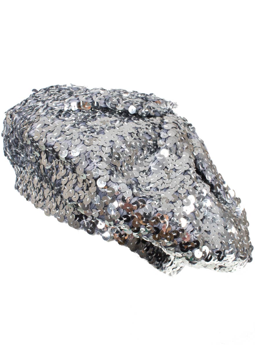 Metallic Silver Sequin Disco Beret Costume Hat  - Alternate Image