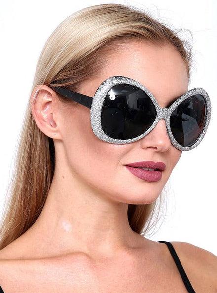 Novelty Silver Glitter Retro Disco Costume Glasses - Main Image