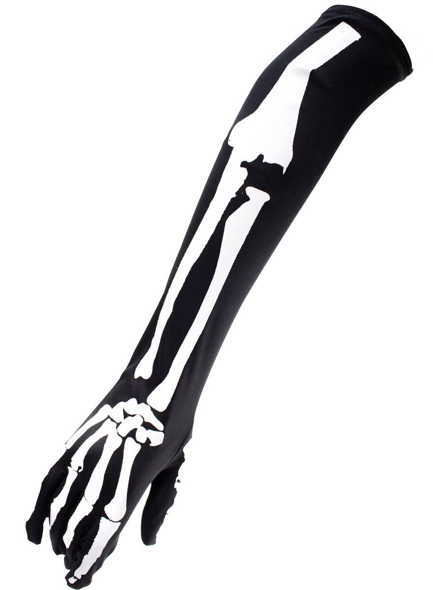 Long Black Costume Gloves with Skeleton Arm Print