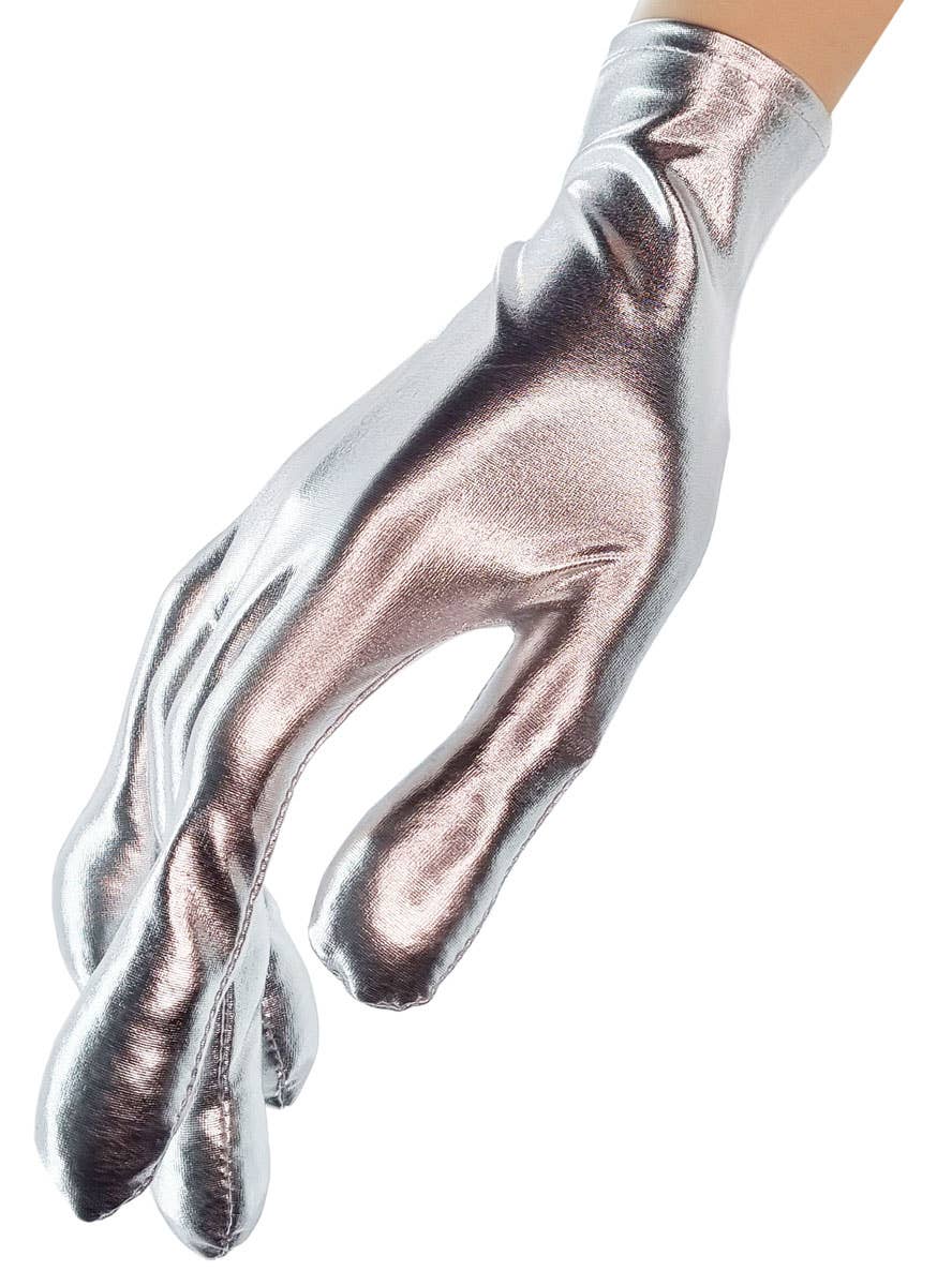 Metallic Silver Alien Finger Costume Gloves for Adults