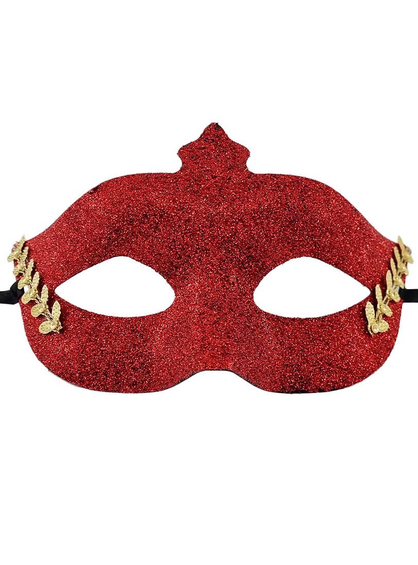 Red Glitter Masquerade Mask with Ties and Gold Detail