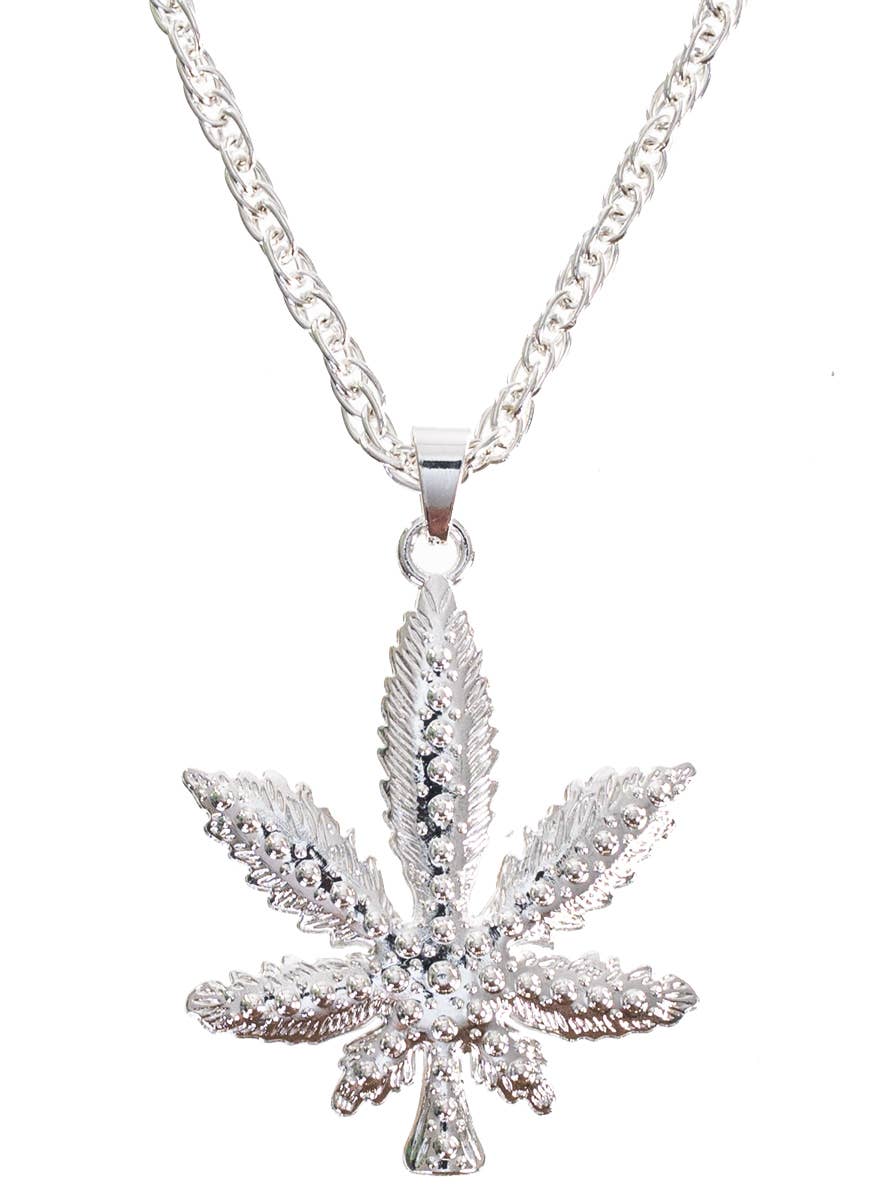 Silver Hippie Weed Leaf Costume Necklace - Close Image