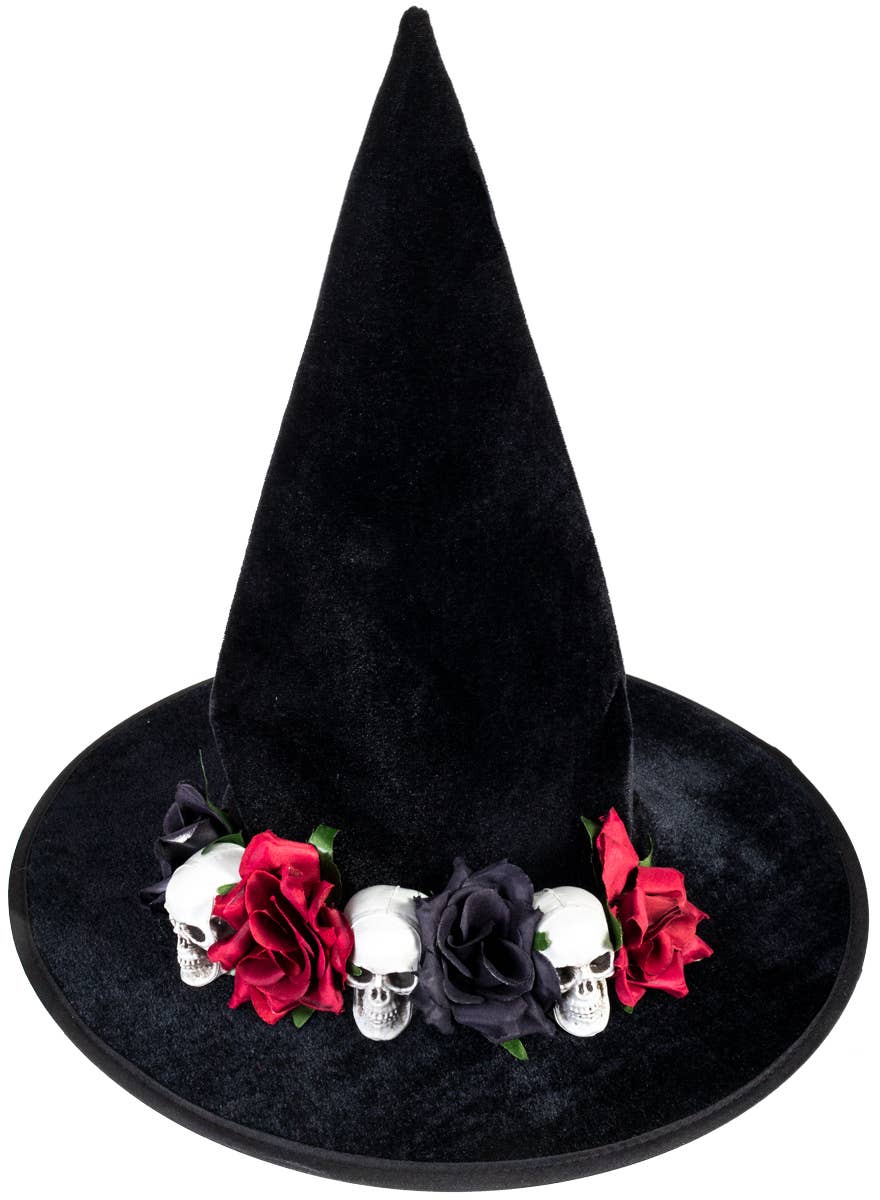 Image of Rose Embellished Black Witch Hat with Skulls - Alternate Image