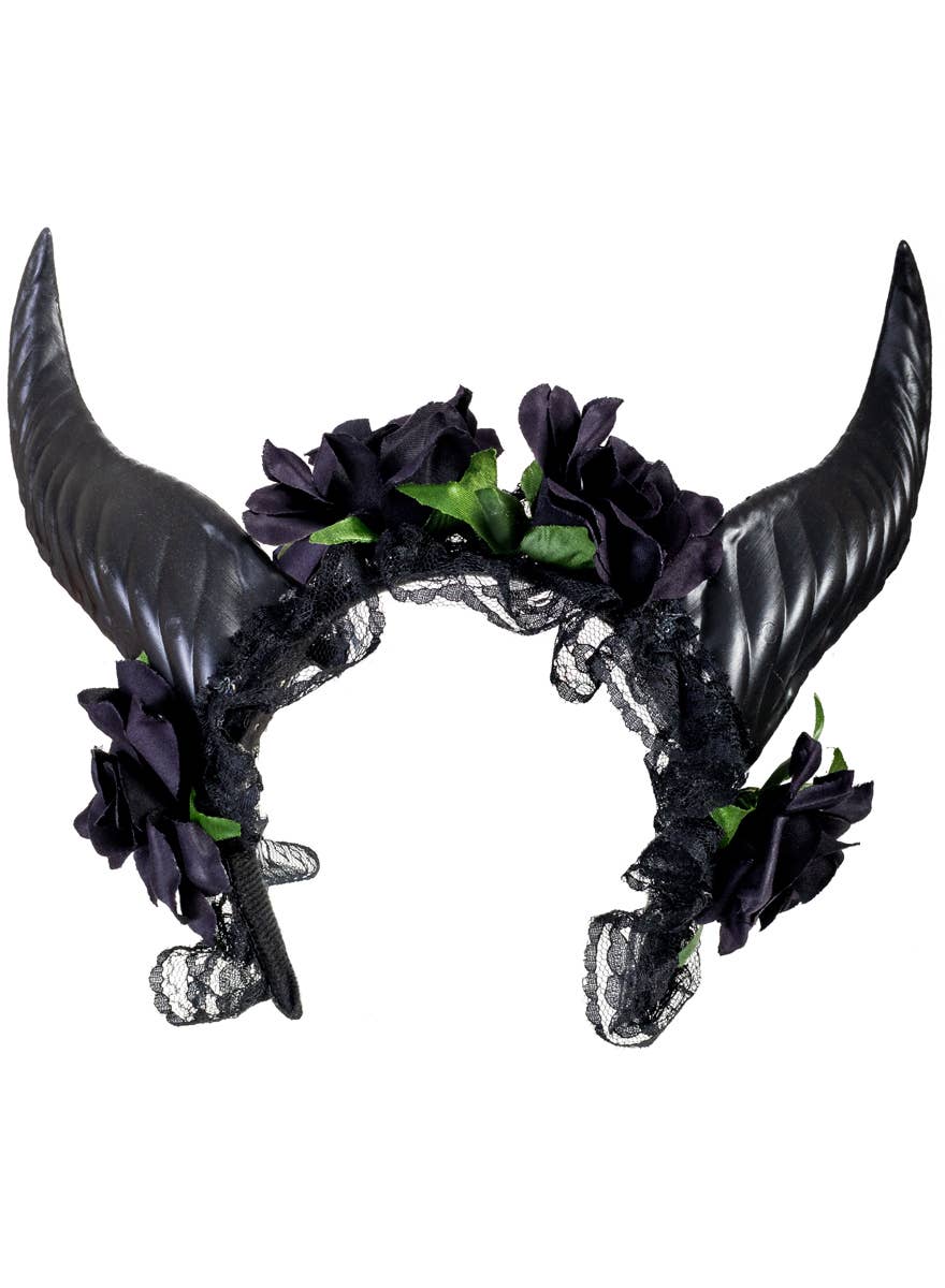 Black Maleficent Horns on Headband with Black Roses - Alt Image
