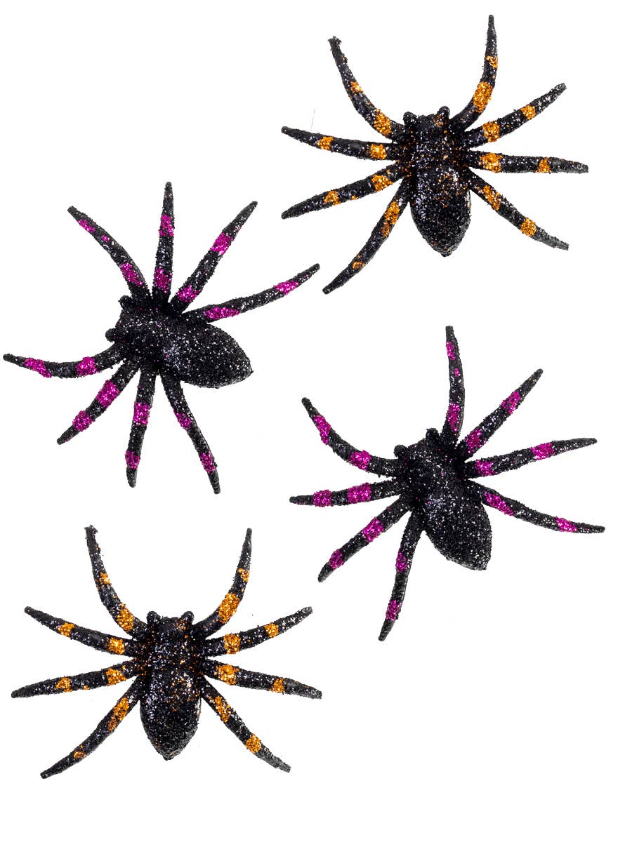 Orange and Purple Glitter 4 Pack Halloween Spiders