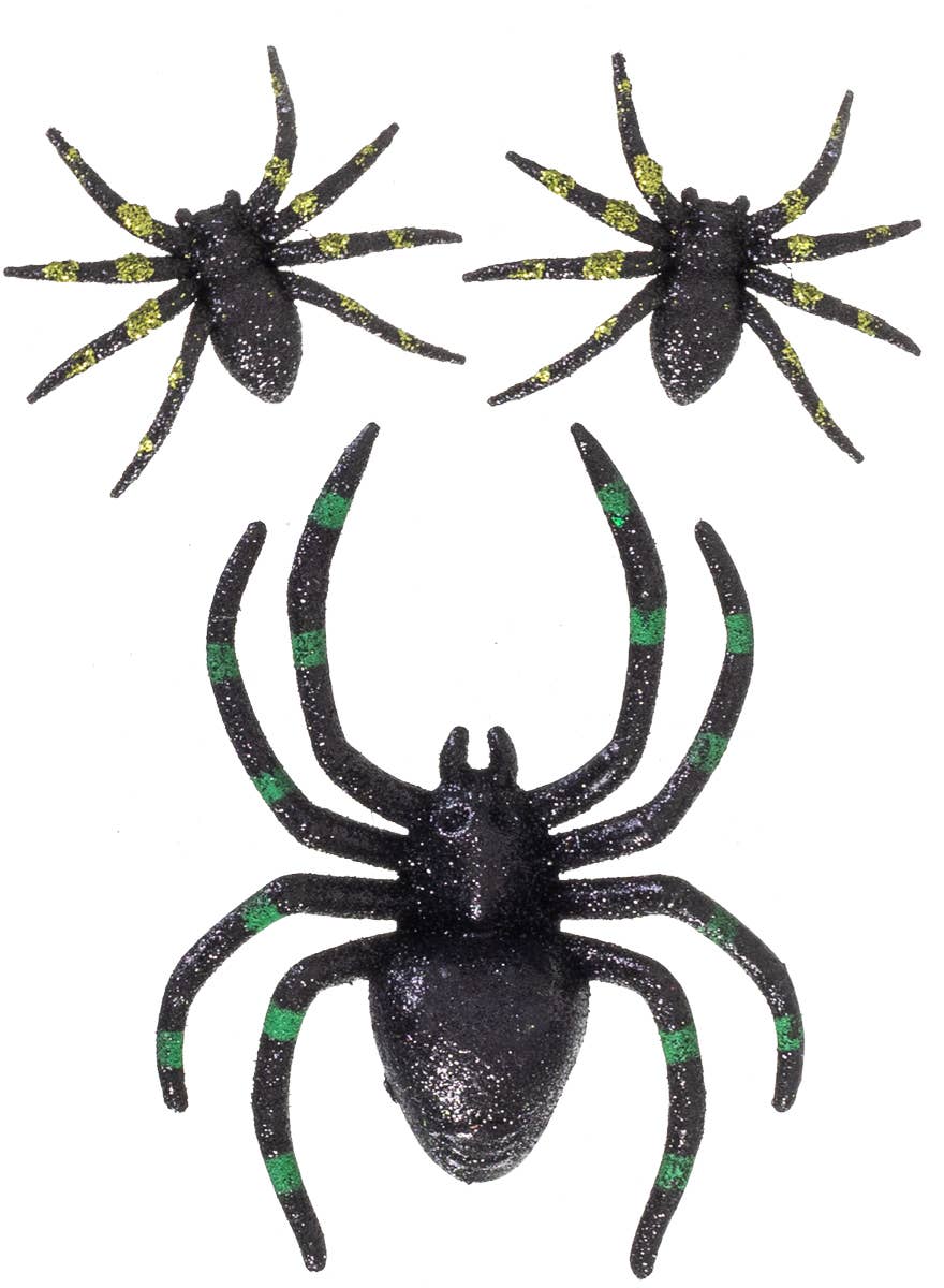 Set of 3 Black and Green Glitter Spiders Halloween Decorations