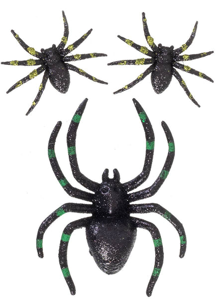 Set of 3 Black and Green Glitter Spiders Halloween Decorations