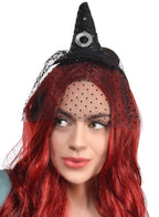 Black Mini Witch Hat Headband with Polka Dot Veil - Main Image