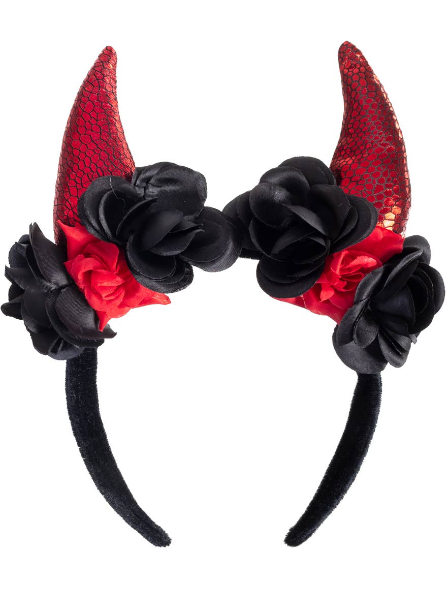 Image of Glamour Red and Black Devil Horns Headband with Roses - Alternate Image