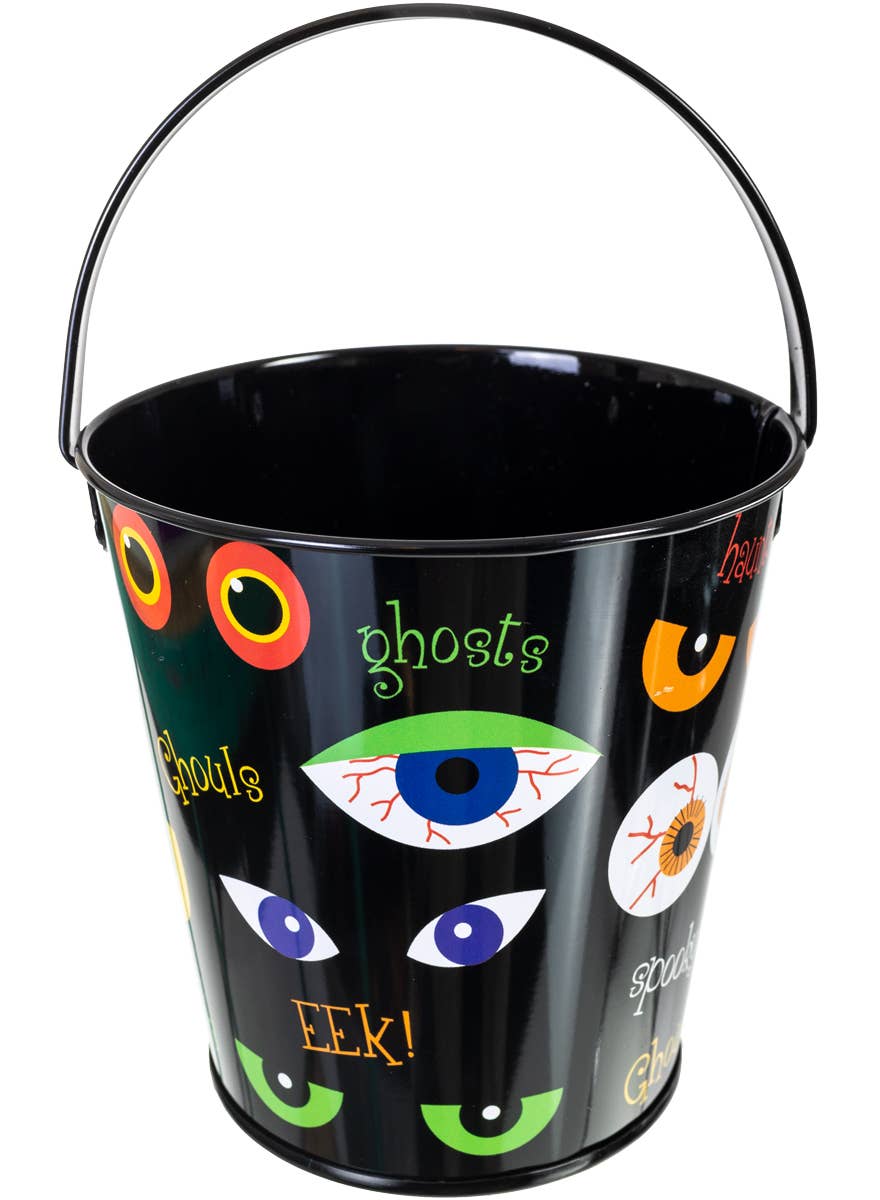 Black Tin Halloween Candy Bucket with Halloween Print