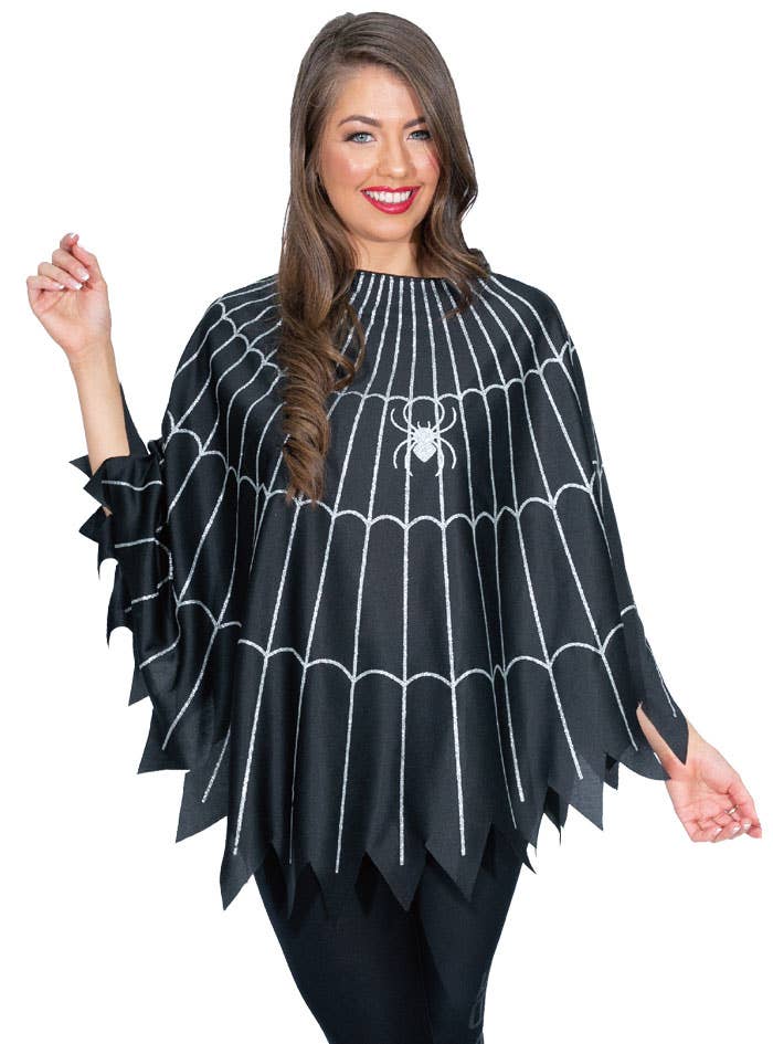 Womens Black Costume Poncho with Spider Web Print