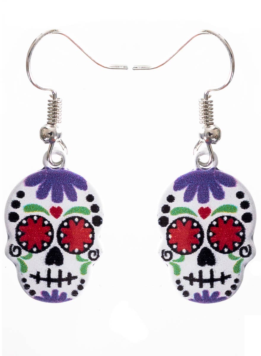 Purple and White Day of the Dead Sugar Skull Earrings