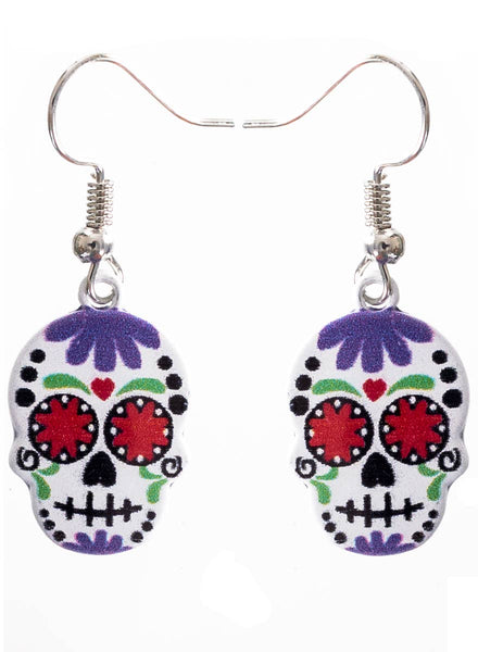 Purple and White Day of the Dead Sugar Skull Earrings