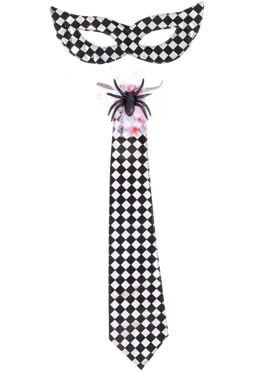 Black and Silver Check Tie and Mask with Spider Embellishment