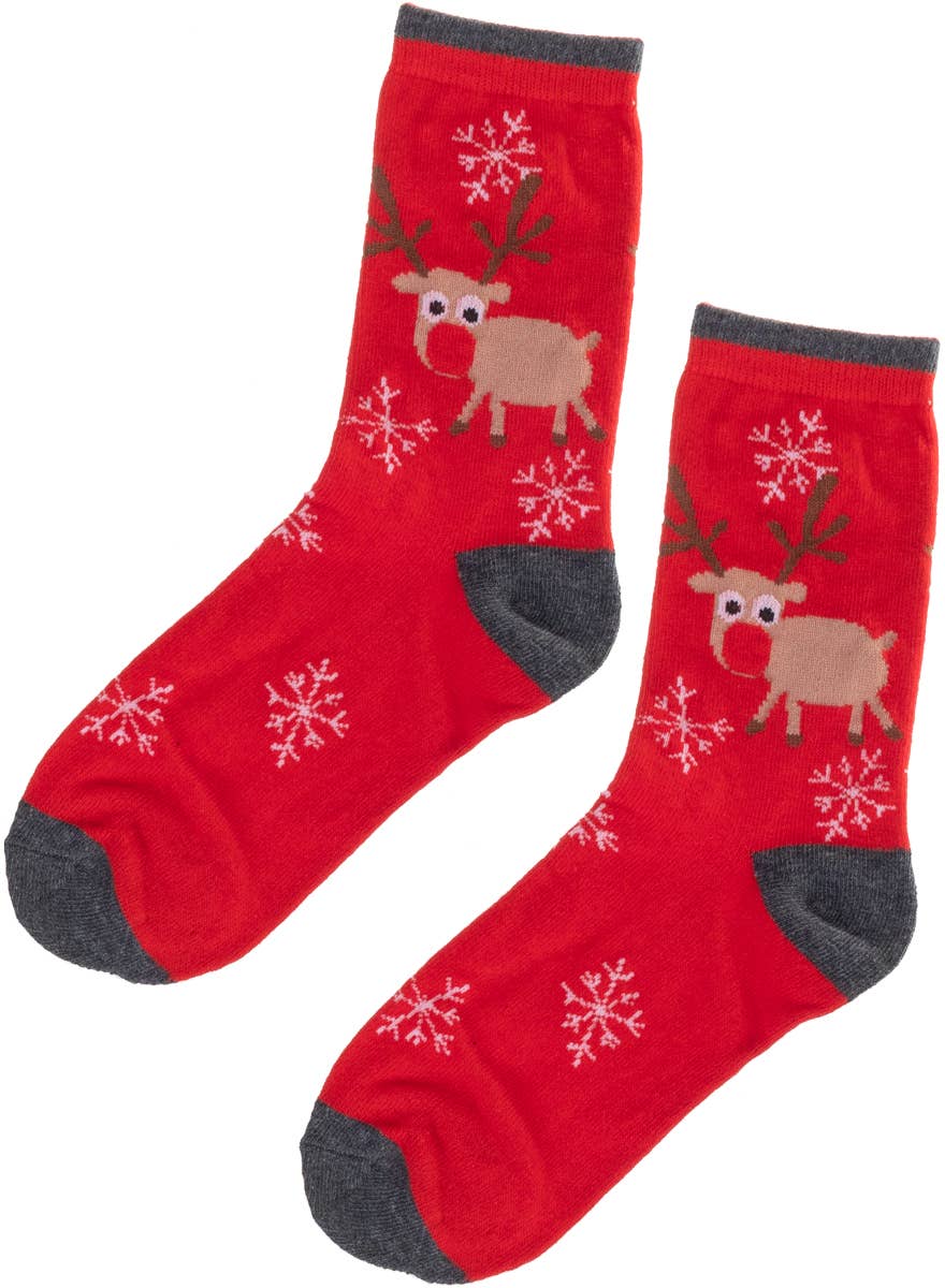 Red and Grey Christmas Socks with Reindeer and Snowflakes