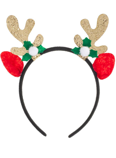 Gold Glitter Reindeer Antlers and Red Ears Christmas Heaband