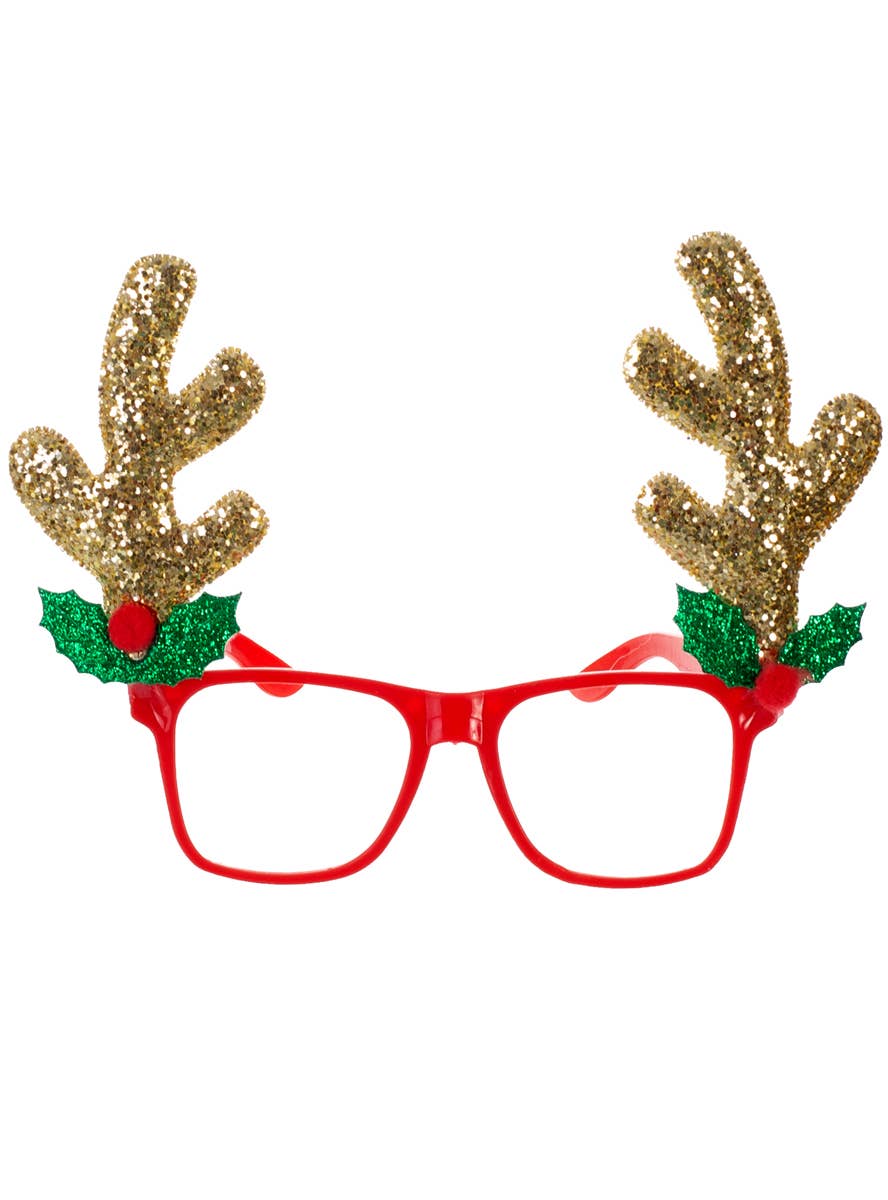 Image of Sparkly Gold Glitter Reindeer Antlers on Red Glasses