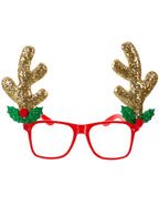Image of Sparkly Gold Glitter Reindeer Antlers on Red Glasses