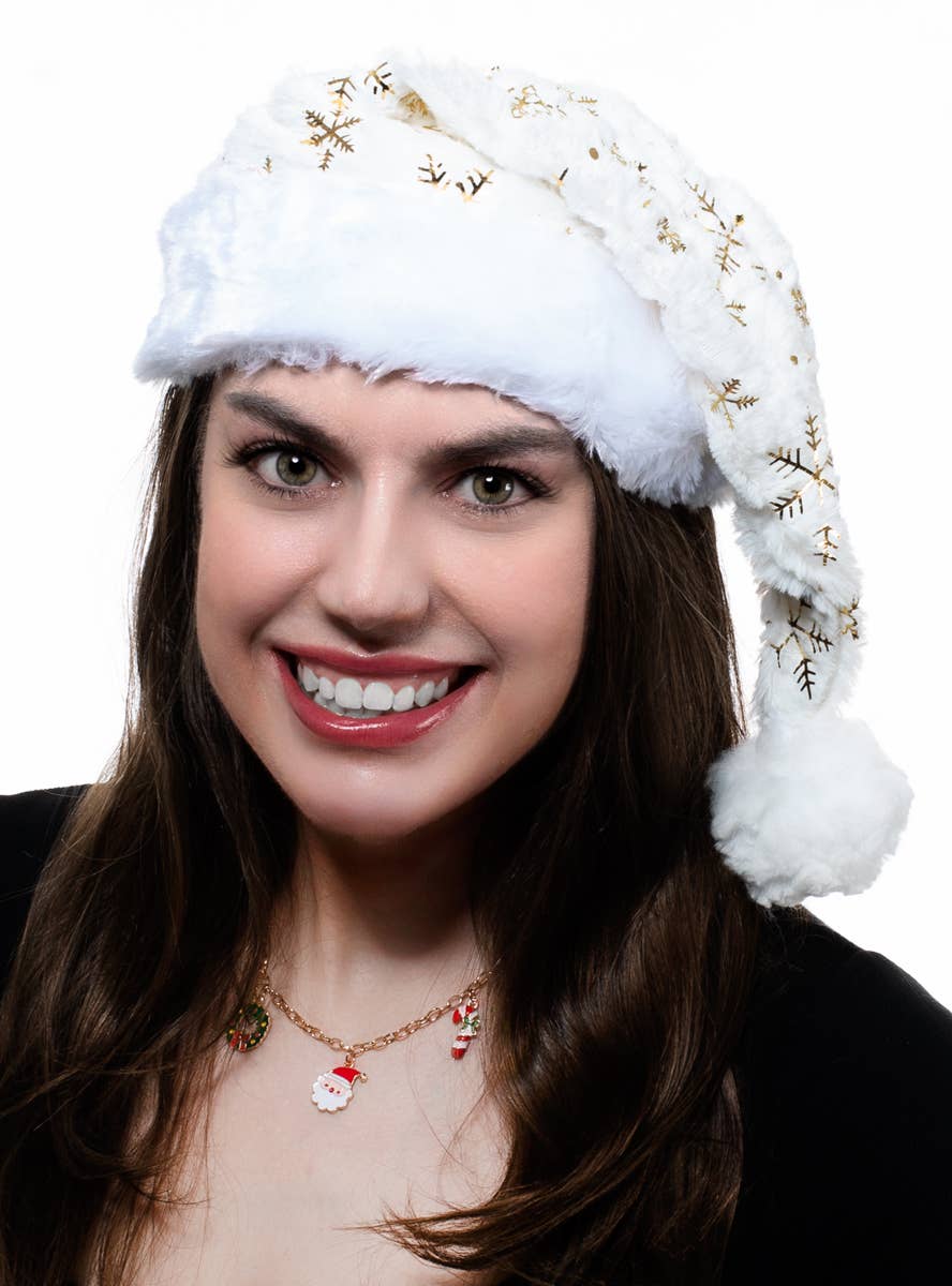 Image of Extra Plush White Santa Hat with Gold Foil Snowflakes