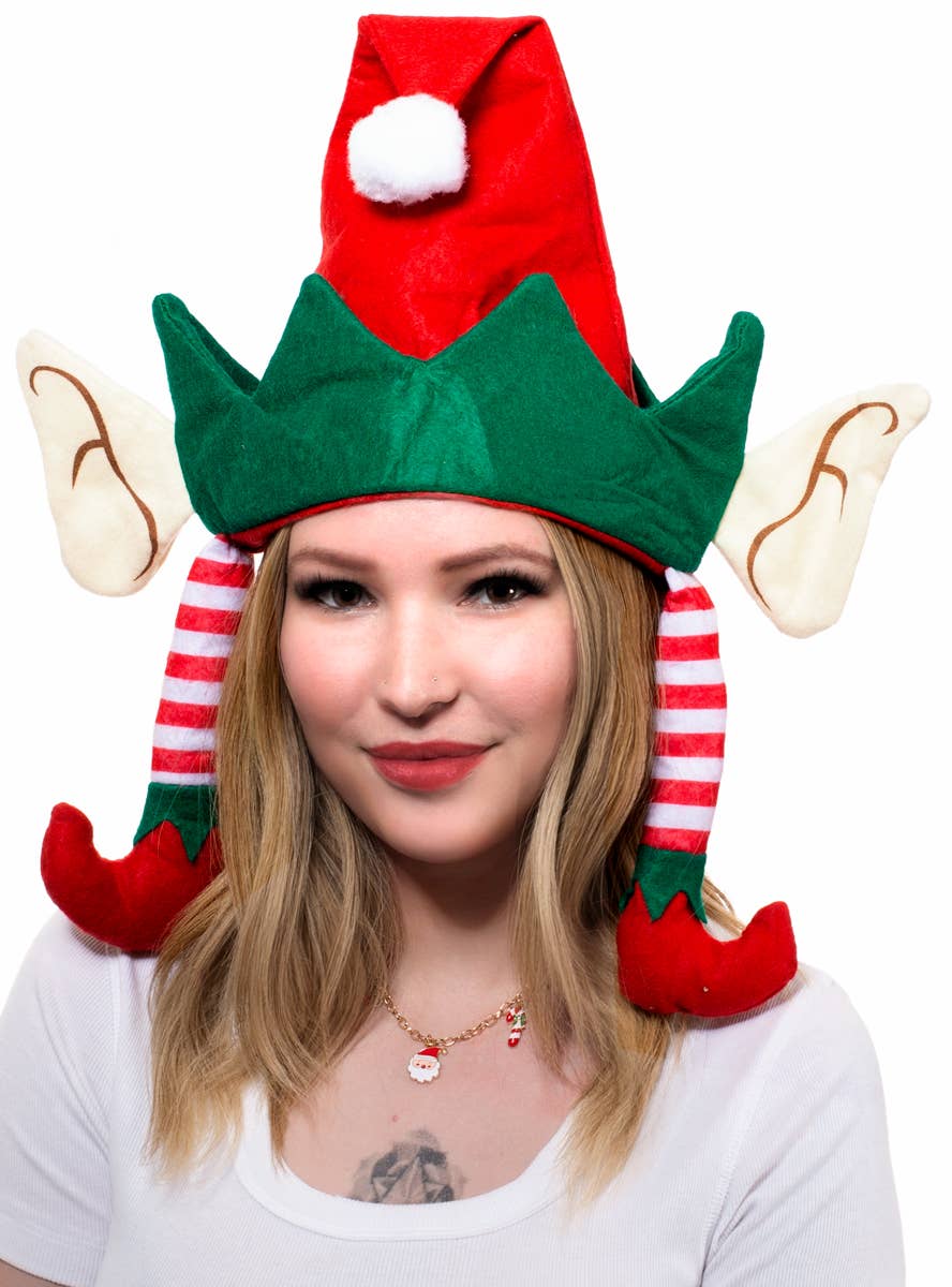 Image of Novelty Red and Green Elf Hat with Ears and Legs