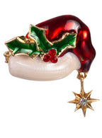 Image of Santa Hat with Holly Jewelled Enamel Christmas Brooch