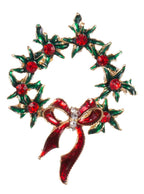 Image of Christmas Wreath Red and Green Jewelled Enamel Brooch