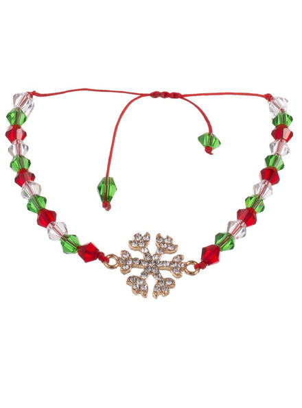 Image of Beaded Red and Green Christmas Bracelet with Gold Snowflake