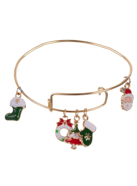 Image of Cute Christmas Charms on Gold Metal Bangle Bracelet