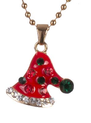 Image of Jewelled Red and Green Santa Hat Pendant on Gold Bead Necklace - Close Image