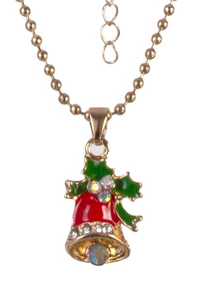 Image of Jewelled Red and Green Christmas Bell Pendant on Gold Bead Necklace - Close Image