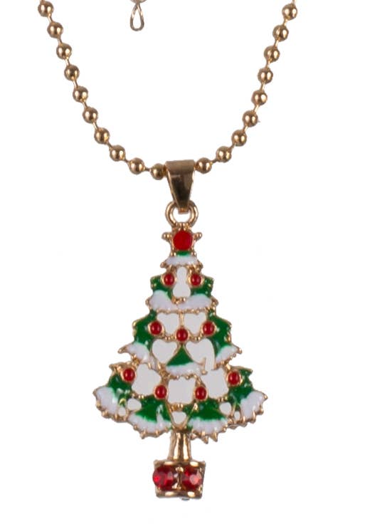 Image of Christmas Tree Pendant on Gold Bead Necklace - Close Image