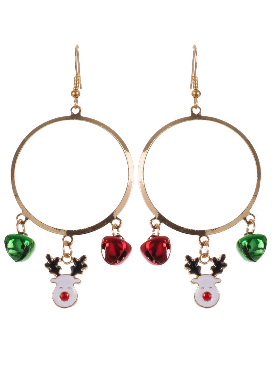 Image of Jingly Red and Green Christmas Hoop Earrings with Reindeer