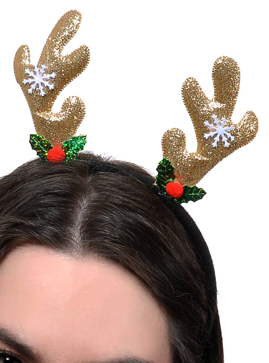 Image of Mini Gold Glitter Reindeer Antlers Christmas Headband - Close Image