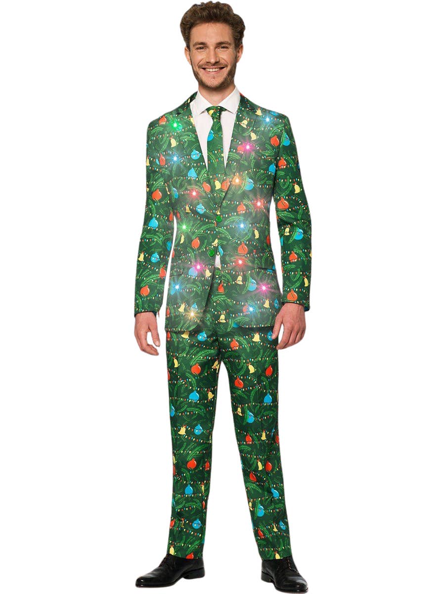 Men's Light Up Green Christmas Tree Costume Suit - Front Image