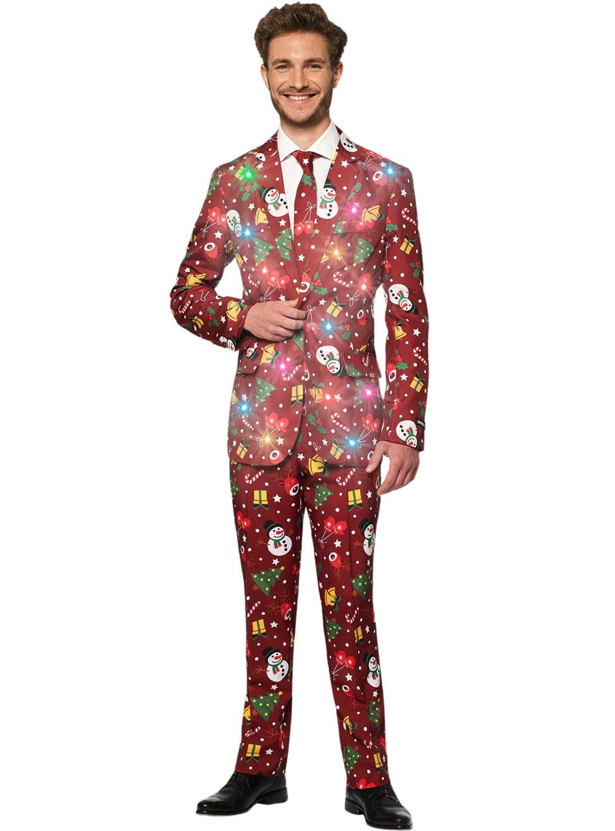 Men's Red Christmas Icons Light Up Suit - Front Image